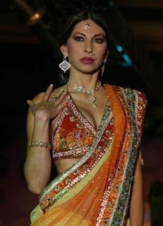 A model showcasing H G Jewelers gold jewelry collection made with enlightened swarovski elements at a fashion show, in New Delhi on Sunday