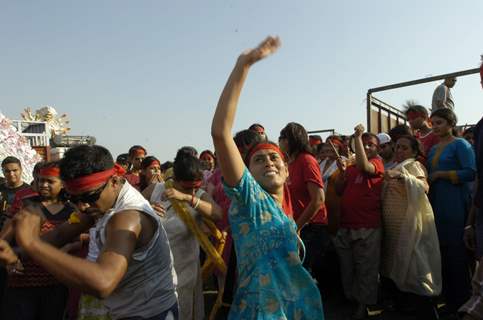 Devotees dancing on the beats of &quot;Dhak&quot; before the immersion of Goddess Durga at a puja pandal in East Delhi on Monday (Photo: Partha Sarkar, IANS)