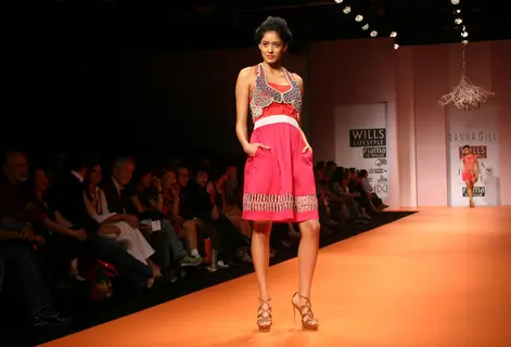 A model showcasing designer Rana Gill creation at the Wills Lifestyle India Fashion week in New Delhi on Sunday