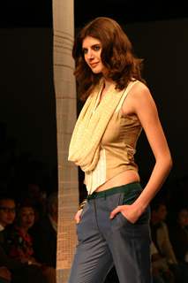 A model showcasing designer Ritu Kumar creation at the Wills Lifestyle India Fashion week in New Delhi on Sunday