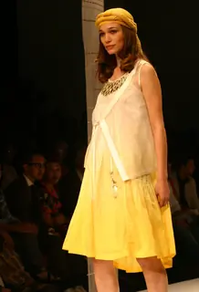 A model showcasing designer Ritu Kumar creation at the Wills Lifestyle India Fashion week in New Delhi on Sunday