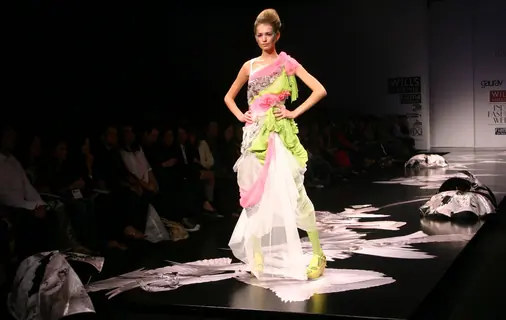 A model showcasing designer Gaurav Gupta''s creation at the Wills Lifestyle India Fashion week in New Delhi on Tuesday 27 Oct 2009