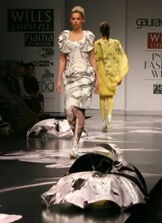 A model showcasing designer Gaurav Gupta''s creation at the Wills Lifestyle India Fashion week in New Delhi on Tuesday 27 Oct 2009