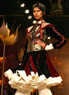 A model showcasing designer Rohit Bal''s grand finale at the Wills Lifestyle India Fashion Week in New Delhi on Wednesday night 28 Oct 2009