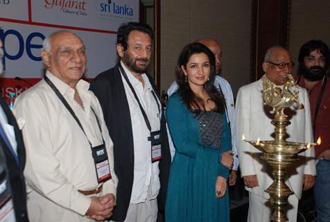 Yash Chopra, Shekhar Kapur and Tisca Chopra at Cinema scapes conference at Leela, Andheri, Mumbai on Wednesday