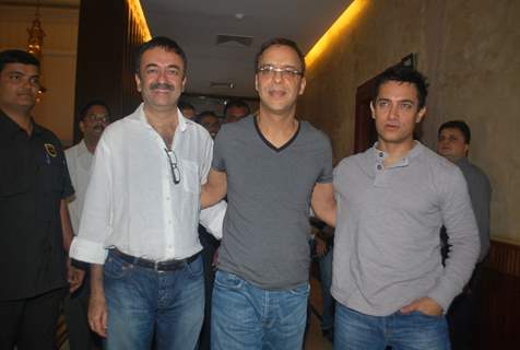 Producer Vidhu Vinod Chopra, Director Rajkumar Hirani and Aamir Khan were present at the first look of their movie &quot;3 Idiots&quot; held at Metro Big Cinemas in Mumbai