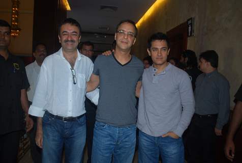 Producer Vidhu Vinod Chopra, Director Rajkumar Hirani and Aamir Khan were present at the first look of their movie &quot;3 Idiots&quot; held at Metro Big Cinemas in Mumbai