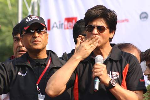 Bollywood star Shahrukh Khan at the Airtel Delhi Half Marathon, in New Delhi on Sunday ( Photo: IANS)