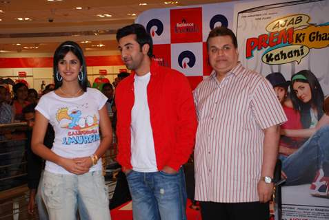 Katrina Kaif, Ranbir Kapoor and producer Ramesh Taurani promote their film &quot;Ajab Prem ki Gazab Kahani&quot; at Reliance Trends