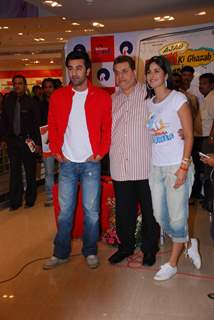 Ranbir Kapoor, producer Ramesh Taurani and Katrina Kaif promote their film &quot;Ajab Prem ki Gazab Kahani&quot; at Reliance Trends