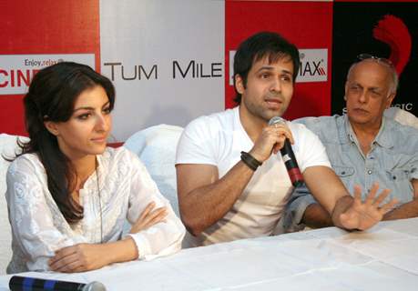 Soha Ali Khan, Imran Hasmi and Mahesh Bhatt in the press meet of their new film ''Tum Mile'' in a city multiplex in Kolkata on Friday