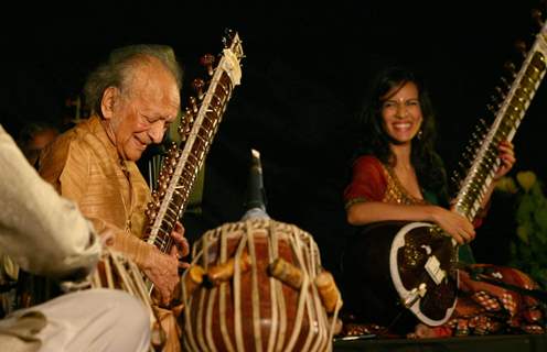 Sitar player Pt Ravi Shankar and his daughter Anoushka Shankar at the concert ''''Music in the Park'''', in New Delhi on Saturday (IANS: Photo)