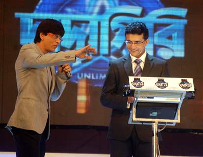 Cricketer Sourav Ganguly and Bollywood star Shahrukh Khan at the shooting of a TV program in Kolkata on Sunday