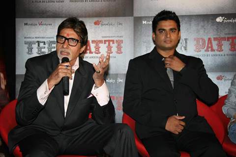 Mega Star Amitabh Bachchan and R Madhavan at the press meet of &quot;Teen Patti&quot; in Cinemax in Mumbai