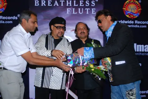 Jazz Musician Louis Banks, Pandit Ronu Majumdar and Jackie Shroff pose for the photographers during their album launch of "Breathless Flute" in Mumbai