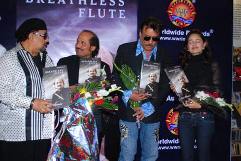 Jazz Musician Louis Banks, Pandit Ronu Majumdar, Jackie Shroff and Yuvika Chaudhary pose for the photographers during their album launch of &quot;Breathless Flute&quot; in Mumbai