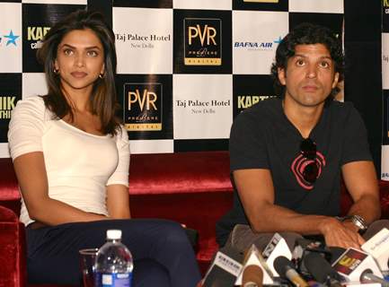 New Delhi,22 Feb 2010-Bollywood actors Deepika Padukone and Farhan Akhtar in New Delhi to promote their film ''''Karthik calling Karthik'''' on Monday