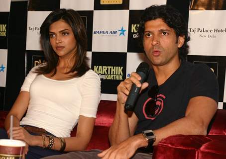 New Delhi,22 Feb 2010-Bollywood actors Deepika Padukone and Farhan Akhtar in New Delhi to promote their film ''''Karthik calling Karthik'''' on Monday