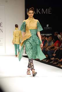 Model walks on the ramp for designer Digvijay Singh at Lakme Fashion Week 2010