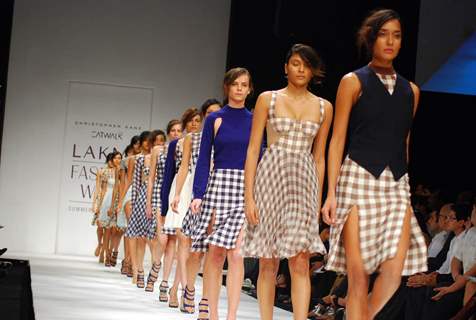 Models walk on the ramp for designer Christopher Kane at Lakme Fashion Week 2010