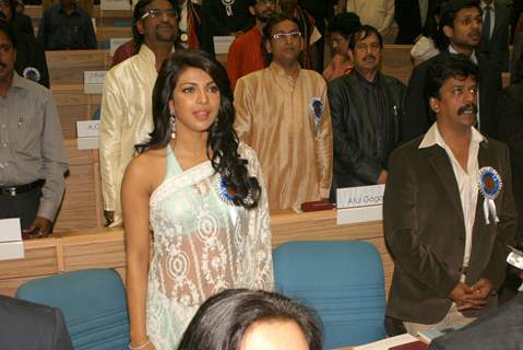 Bollywood actress Priyanka Chopra during the national anthem at the ''''56 National Film Awards'''', in New Delhi on Friday