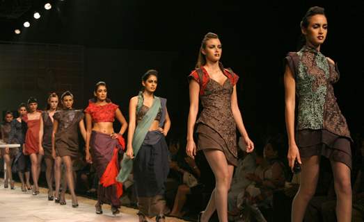 Models showcasing designers Ankita andAnjana Bhargav creations at the Wills Lifestyle India Fashion Week 2010, in New Delhi on Thrusday ( Photo: IANS)