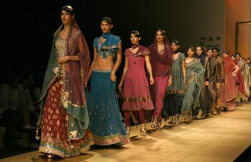 Models showcasing designer Rocky S creations at the Wills Lifestyle India Fashion Week 2010, in New Delhi on Friday