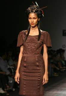 A Model showcasing designer Nandita Basu''s creation at the Wills Lifestyle India Fashion Week-2010, in New Delhi