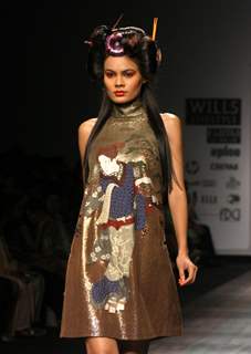 A Model showcasing designer Nandita Basu''s creation at the Wills Lifestyle India Fashion Week-2010, in New Delhi