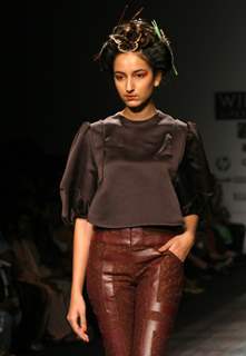 A Model showcasing designer Nandita Basu''s creation at the Wills Lifestyle India Fashion Week-2010, in New Delhi