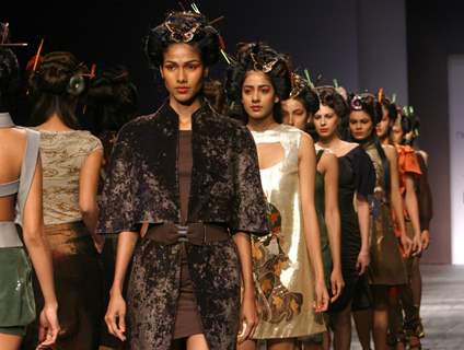 Models showcasing designer Nandita Basu''s creations at the Wills Lifestyle India Fashion Week-2010, in New Delhi