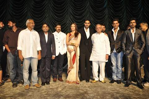 A R Rahman, Aishwarya Rai Bachchan, Abhishek Bachchan and Gulzar at ''RAAVAN'' movie music launch