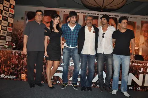 Katrina Kaif, Ranbir Kapoor, director Prakash Jha, Arjun Rampal and Manoj Bajpayee, at a press meet for film &quot;Rajneeti&quot; in JW Marriott, Mumbai