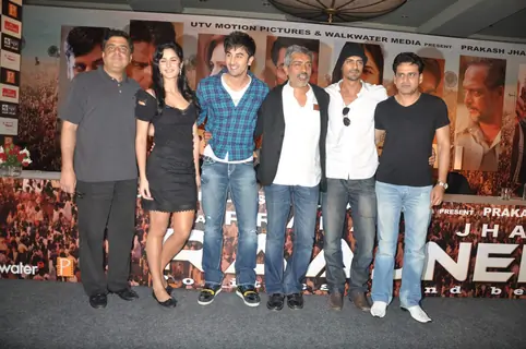 Katrina Kaif, Ranbir Kapoor, director Prakash Jha, Arjun Rampal and Manoj Bajpayee, at a press meet for film &quot;Rajneeti&quot; in JW Marriott, Mumbai