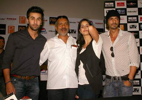 Bollywood actors Ranbir Kapoor, Katrina Kaif, Arjun Rampal and director Prakash Jha at the press conference for their film