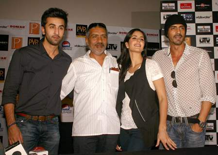 Bollywood actors Ranbir Kapoor, Katrina Kaif, Arjun Rampal and director Prakash Jha at the press conference for their film &quot;RAJNEETI&quot;,in New Delhi on Thursday