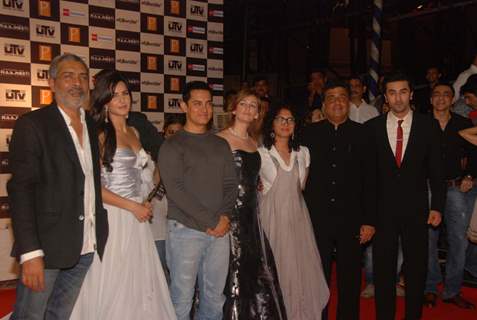 Prakash Jha, Katrina Kaif, Aamir with wife Kiran Rao and Ranbir Kapoor at ''Raajneeti'' premiere at IMAX