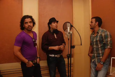 Bollywood Singer Mika Singh with Music Director Sharib and Toshi during the song recording of Punjabi Film &quot;Will You Marry Me&quot; in Mumbai