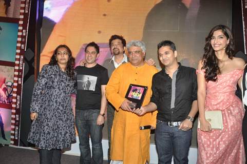 Javed Akhtar, Anil kapoor, Sonam and Rhea at Aisha music launch at Tote in Mumbai