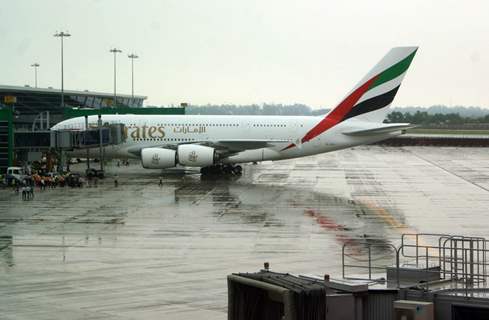 The Emirates Airbus A380 arrived at the Terminal-3 Indira Gandhi International Airport, New Delhi