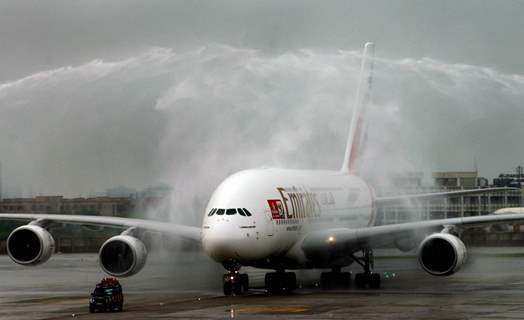 The water cannon salute at Terminal-3 Indira Gandhi International Airport, New Delhi at the arrival of Emirates Airbus A380