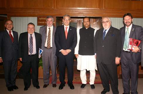 Minister for Food Processing Industries Subodh Kant Sahai and Argentina Minister for Agriculture Live Stock and Fisheries Julian Andres Dominguez with delegation members in New Delhi on Monday