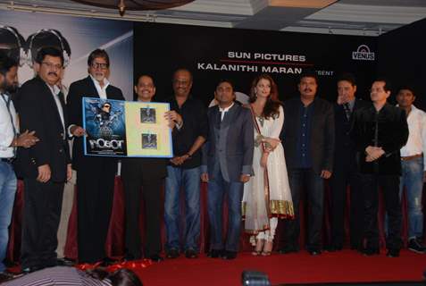 Amitabh Bachchan, Aishwarya Rai and A.R.Rahman at Robot music launch at JW Marriott