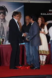 Amitabh Bachchan, Aishwarya Rai and Rajnikant at Robot music launch at JW Marriott