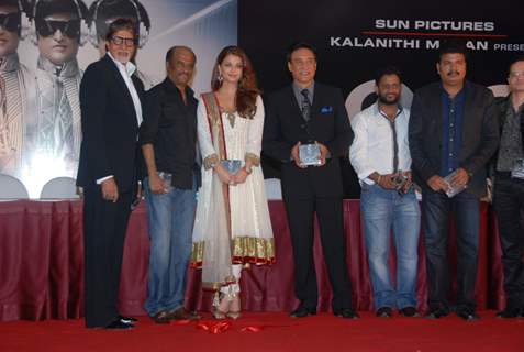 Amitabh Bachchan, Aishwarya Rai, Danny Denzongpa and Rajnikant at Robot music launch at JW Marriott