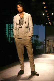 A model showcasing designers Rohit Gandhi and Rahul Khanna''s creation at the Ven Heusen India Mens Week, in New Delhi