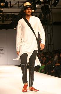 A model showcasing designer Wendell Rodricks''s creation at the Ven Heusen India Mens Week, in New Delhi