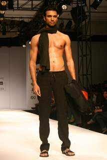 A model showcasing designer Wendell Rodricks''s creation at the Ven Heusen India Mens Week, in New Delhi