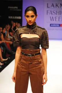 A model walks the runway in an Amalraj Sengupta design at the Lakme Fashion Week
