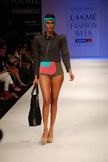 A model walks the runway in an Shrivan Narresh design at the Lakme Fashion Week